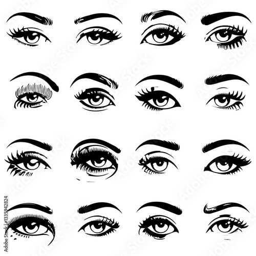 A collection of  black and white vector illustrations of various stylized eyes with different eyebrow shapes, eyelashes, and eyeliner styles. A modern, artistic design set.
