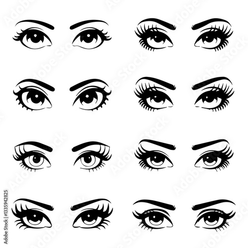 A collection of  black and white vector illustrations of various stylized eyes with different eyebrow shapes, eyelashes, and eyeliner styles. A modern, artistic design set.