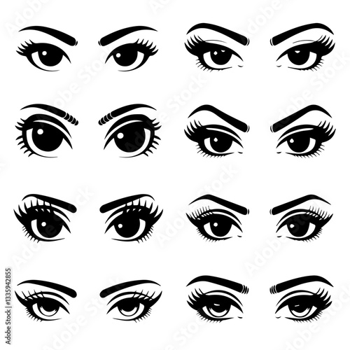 A collection of  black and white vector illustrations of various stylized eyes with different eyebrow shapes, eyelashes, and eyeliner styles. A modern, artistic design set.