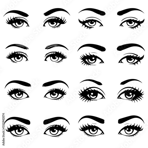 A collection of  black and white vector illustrations of various stylized eyes with different eyebrow shapes, eyelashes, and eyeliner styles. A modern, artistic design set.