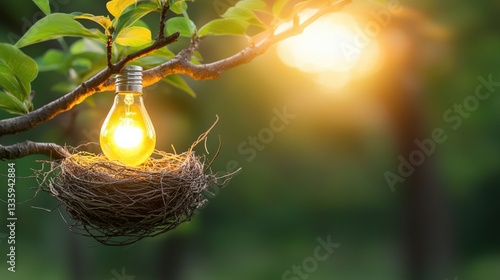 A tree branch holding a glowing light bulb nest, symbolizing nature-inspired safety