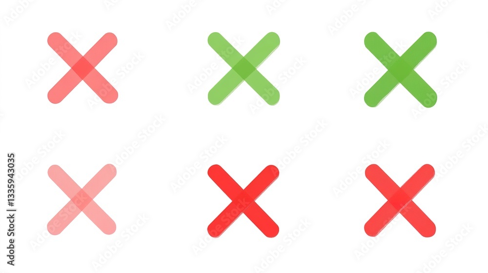 Obraz premium Green check marks and red X marks. Check marks indicate approval. X marks indicate rejection. Simple symbols for yes and no. Clear visual for correct and incorrect. Vector element set.