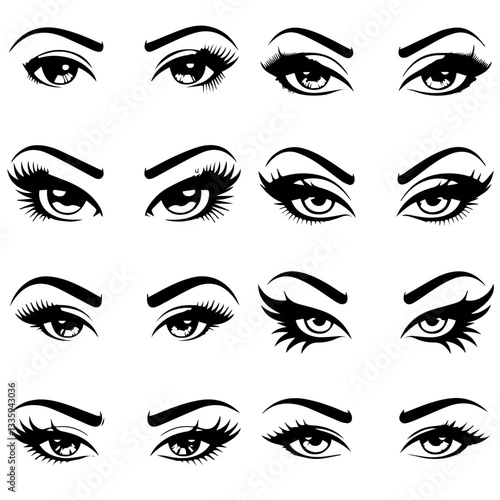 A collection of  black and white vector illustrations of various stylized eyes with different eyebrow shapes, eyelashes, and eyeliner styles. A modern, artistic design set.