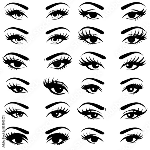 A collection of  black and white vector illustrations of various stylized eyes with different eyebrow shapes, eyelashes, and eyeliner styles. A modern, artistic design set.