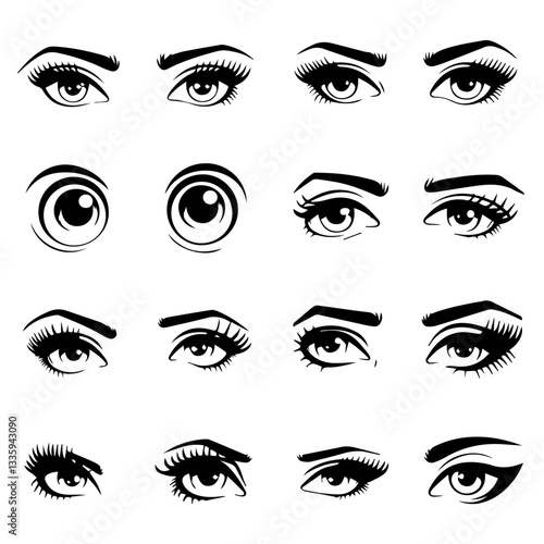 A collection of  black and white vector illustrations of various stylized eyes with different eyebrow shapes, eyelashes, and eyeliner styles. A modern, artistic design set.