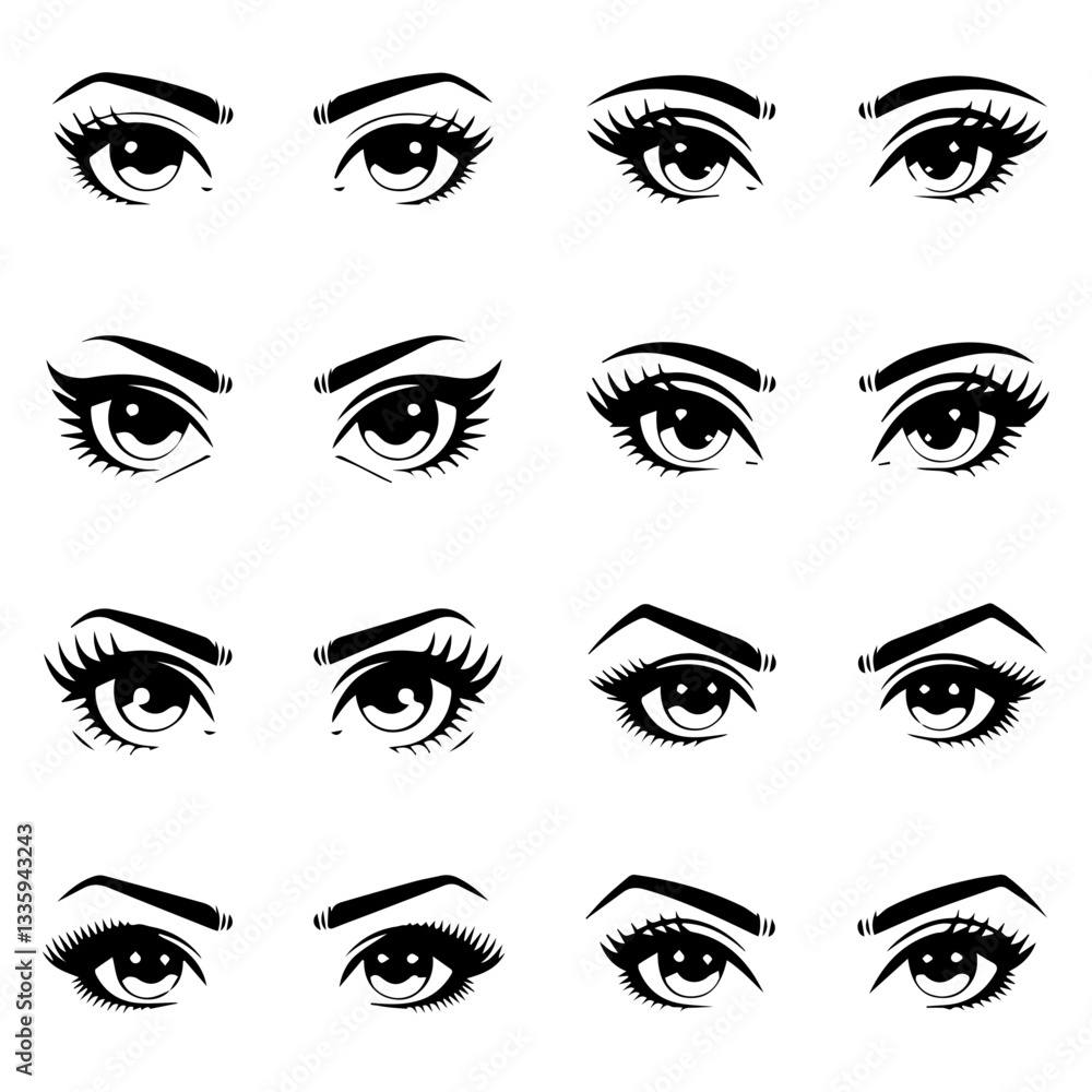 A collection of black and white vector illustrations of various stylized eyes with different eyebrow shapes, eyelashes, and eyeliner styles. A modern, artistic design set. A collection of black and white vector illustrations of various stylized eyes with different eyebrow shapes, eyelashes, and eyeliner styles. A modern, artistic design set.