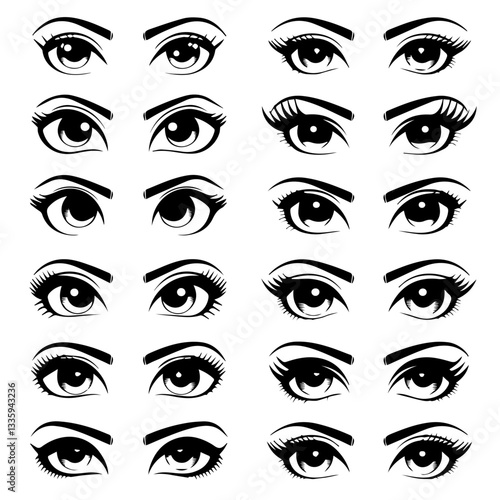 A collection of  black and white vector illustrations of various stylized eyes with different eyebrow shapes, eyelashes, and eyeliner styles. A modern, artistic design set.