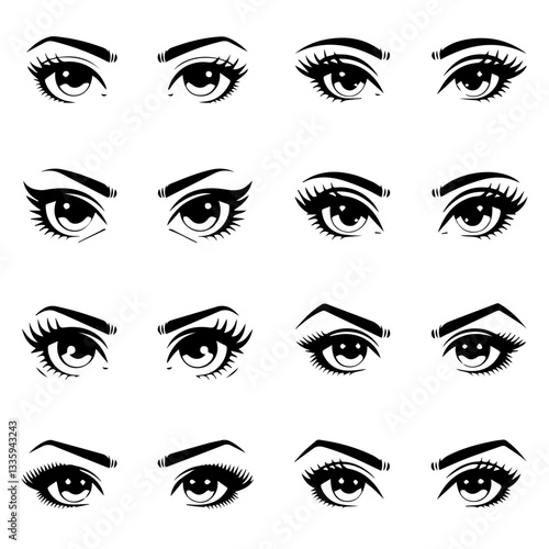 A collection of  black and white vector illustrations of various stylized eyes with different eyebrow shapes, eyelashes, and eyeliner styles. A modern, artistic design set.