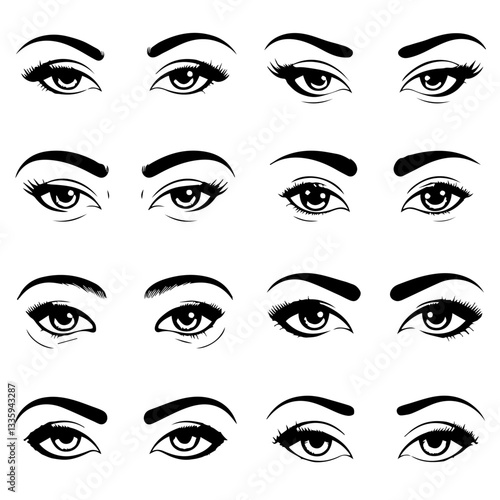A collection of  black and white vector illustrations of various stylized eyes with different eyebrow shapes, eyelashes, and eyeliner styles. A modern, artistic design set.