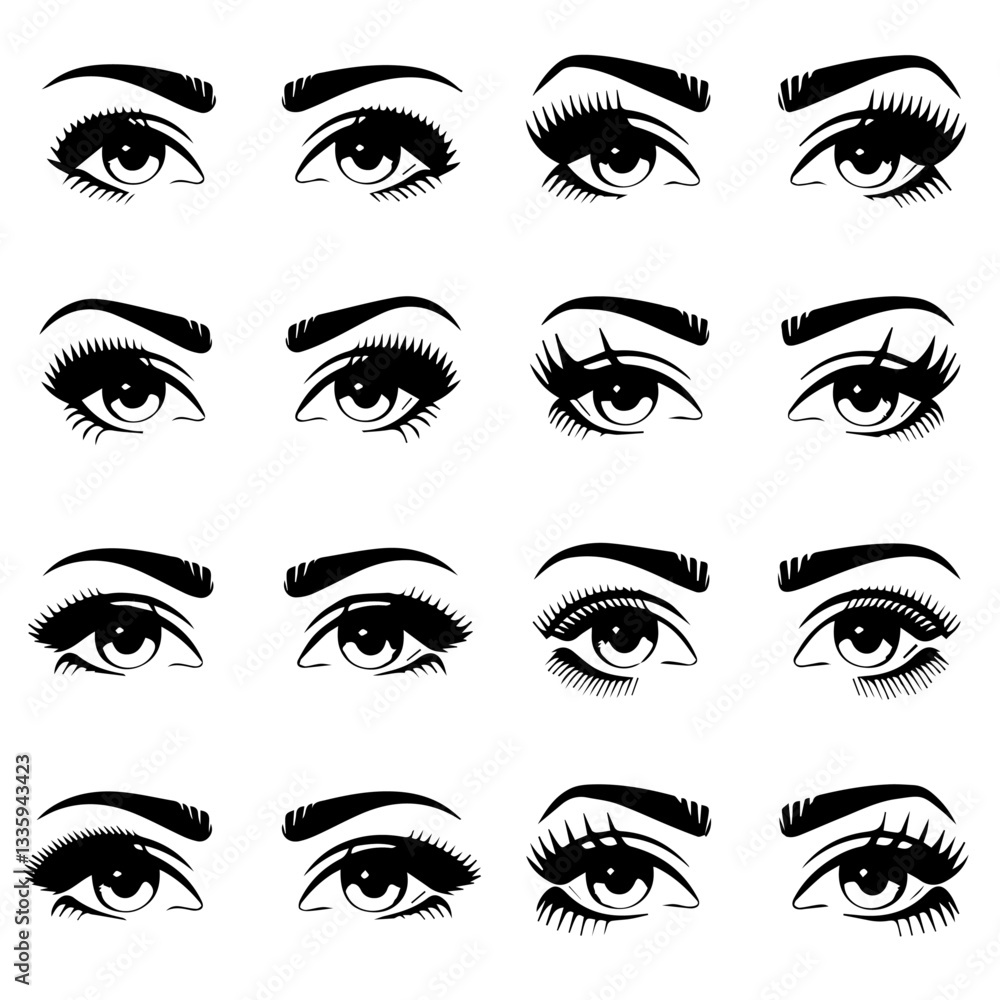 A collection of black and white vector illustrations of various stylized eyes with different eyebrow shapes, eyelashes, and eyeliner styles. A modern, artistic design set. A collection of black and white vector illustrations of various stylized eyes with different eyebrow shapes, eyelashes, and eyeliner styles. A modern, artistic design set.