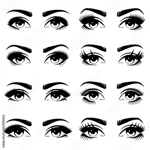 A collection of  black and white vector illustrations of various stylized eyes with different eyebrow shapes, eyelashes, and eyeliner styles. A modern, artistic design set.