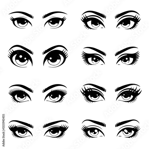 A collection of  black and white vector illustrations of various stylized eyes with different eyebrow shapes, eyelashes, and eyeliner styles. A modern, artistic design set.