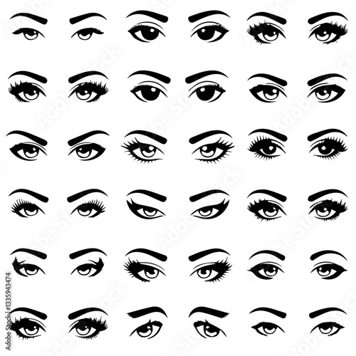 A collection of  black and white vector illustrations of various stylized eyes with different eyebrow shapes, eyelashes, and eyeliner styles. A modern, artistic design set.
