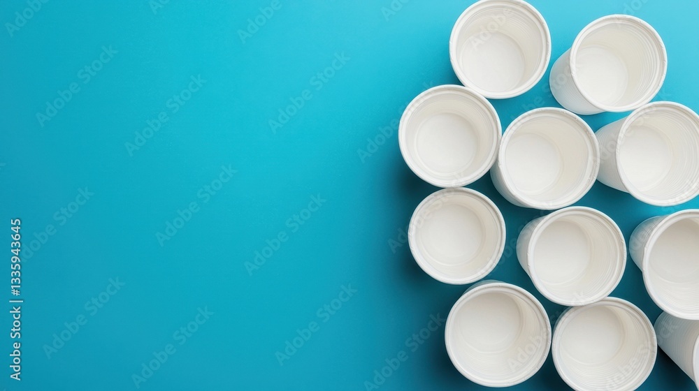 Empty White Paper Cups Arranged on Blue Background Surface Empty White Paper Cups Arranged on Blue Background Surface