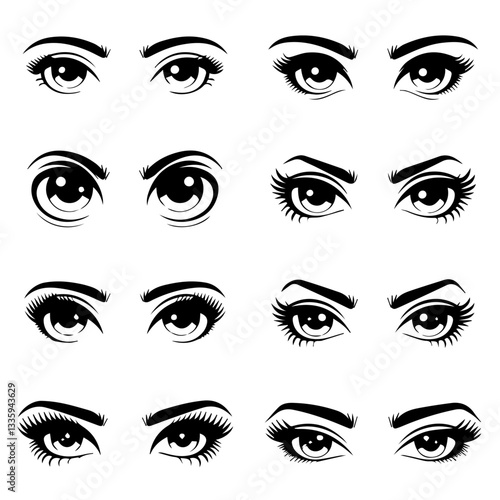 A collection of  black and white vector illustrations of various stylized eyes with different eyebrow shapes, eyelashes, and eyeliner styles. A modern, artistic design set.