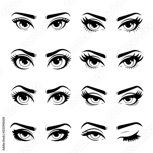A collection of  black and white vector illustrations of various stylized eyes with different eyebrow shapes, eyelashes, and eyeliner styles. A modern, artistic design set.