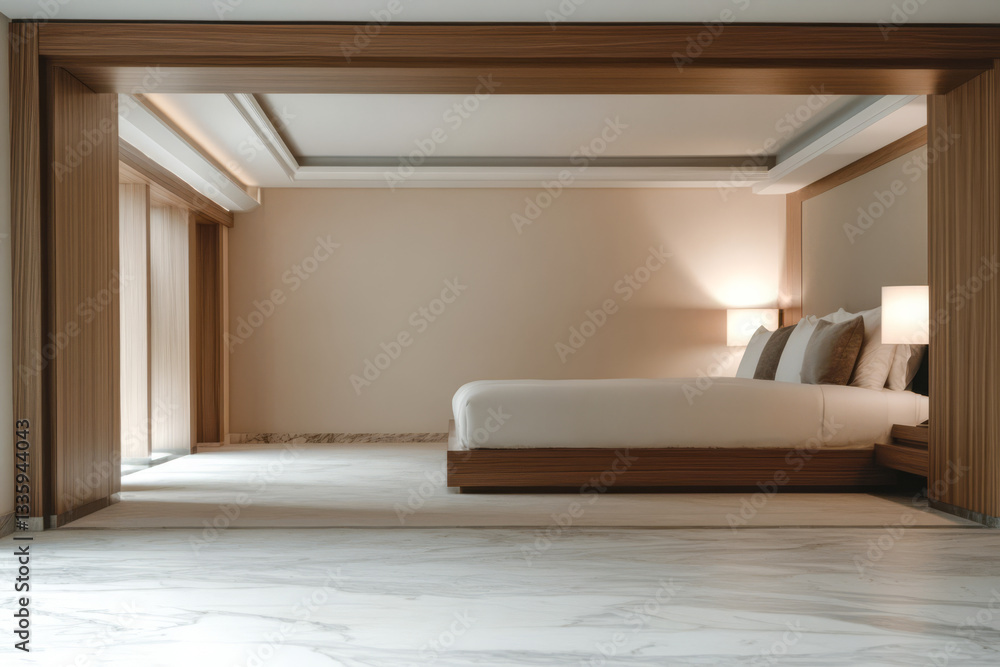 Fototapeta premium Modern minimalist bedroom design with natural light in luxury apartment