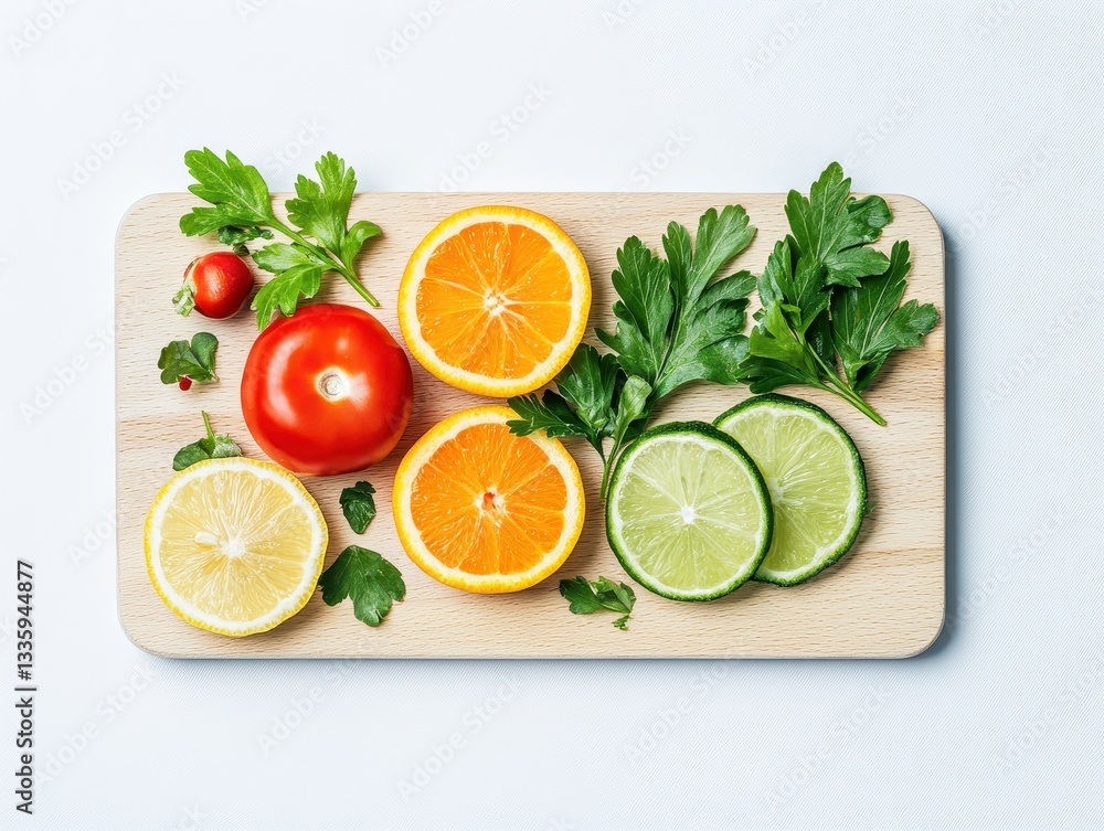 Freshly cut fruits and vegetables arranged on a wooden cutting board Freshly cut fruits and vegetables arranged on a wooden cutting board