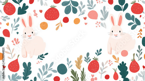 Wallpaper Mural Easter Bunny's Garden: A charming illustration showcases two adorable bunnies nestled amidst a vibrant floral arrangement, ripe strawberries, and whimsical foliage. Torontodigital.ca