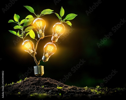 A tree with leaves glowing like light bulbs, symbolizing eco-creativity