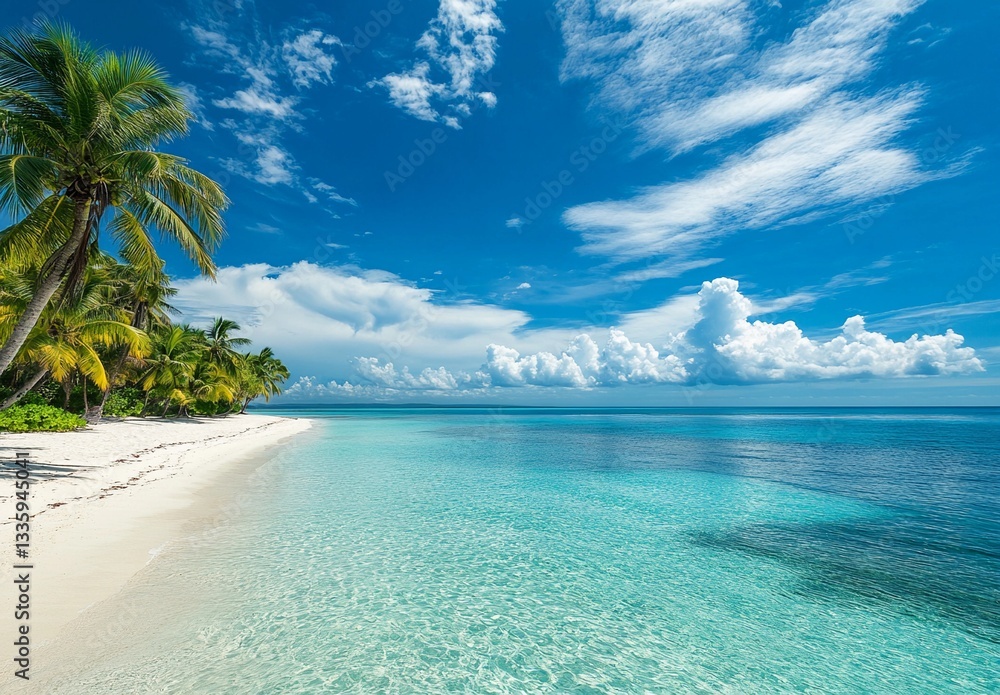 Fototapeta premium Breathtaking tropical paradise with crystal clear turquoise waters, white sandy beach, and lush palm trees under a vibrant blue sky