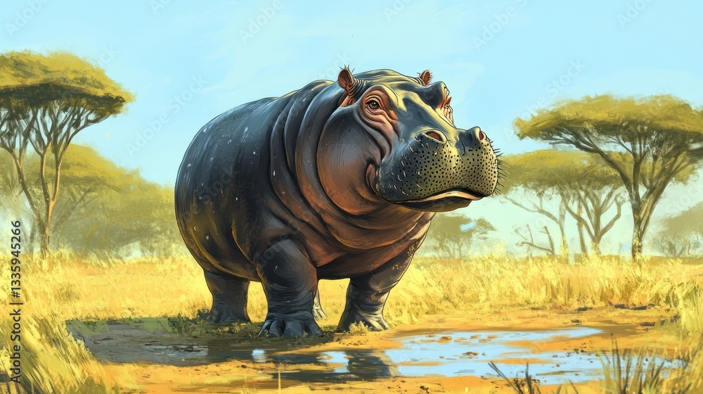 Fototapeta premium Hippopotamus in Savanna, Wildlife, Sunlight, Artwork, Stock Photo