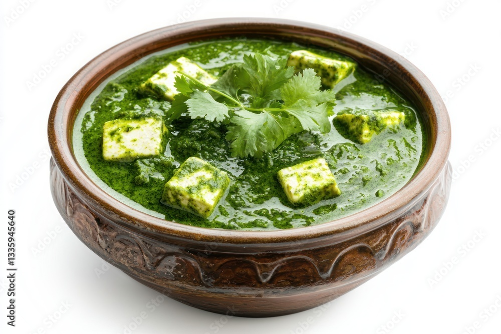 Delicious and Vivid Palak Paneer Dish Aromatic Indian Cuisine in Rustic Brown Bowl on White Surface Delicious and Vivid Palak Paneer Dish Aromatic Indian Cuisine in Rustic Brown Bowl on White Surface