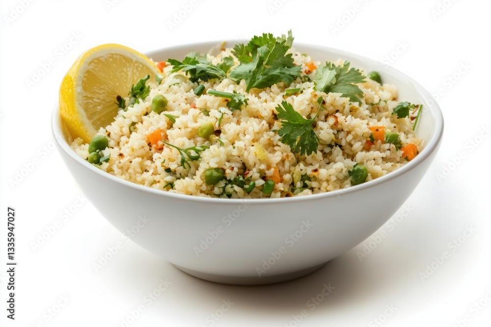 Vibrant bowl of couscous salad with lemon and fresh herbs against white background inviting healthy food options Vibrant bowl of couscous salad with lemon and fresh herbs against white background inviting healthy food options