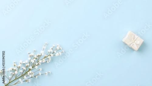  light blue background with a diagonal composition of delicate white baby's breath flowers and two small, wrapped gifts.