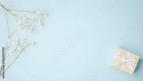  light blue background with a diagonal composition of delicate white baby's breath flowers and two small, wrapped gifts.