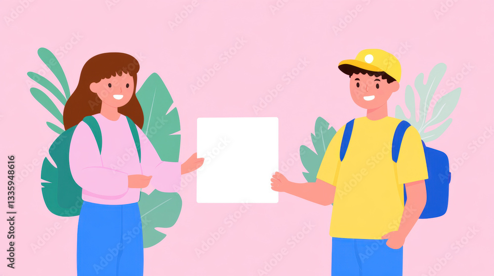 Goodwill, illustration, Two young people sharing a document with a pink background. Goodwill, illustration, Two young people sharing a document with a pink background.