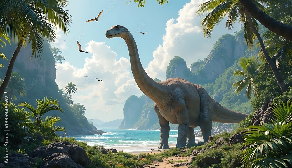 Fototapeta Brachiosaurus dinosaur standing on a beach with palm trees and pterodactyls flying above