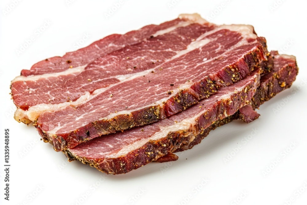 Fototapeta premium Delicious sliced cured pastrami on a white background captures culinary essence appetizing presentation