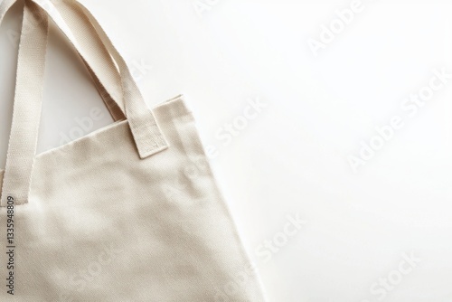 Minimalist presentation of an eco beige cotton bag for market shopping on white modern background top view