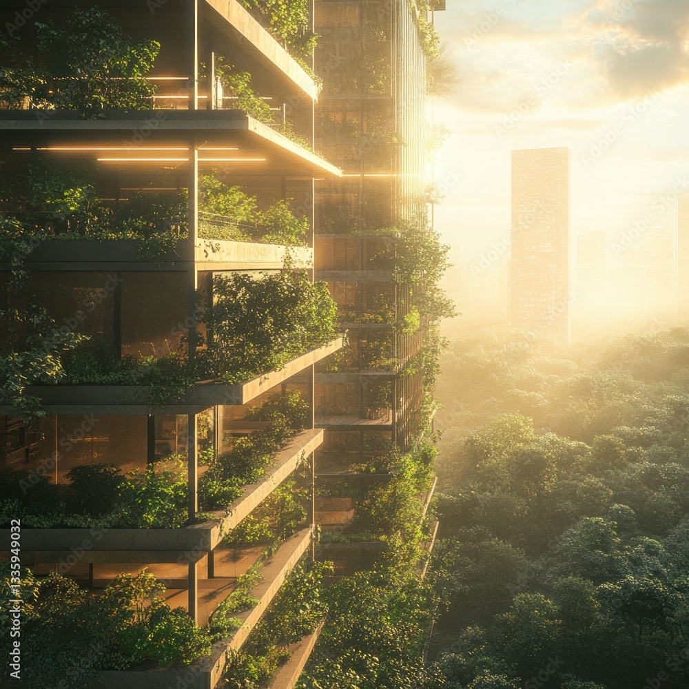 Fototapeta premium Verdant Urban Living Modern Building with Green Balconies and Sustainable Design Under Soft Sunset Light