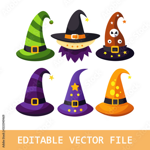 colorful witch hats, bright colors, different halloween hats