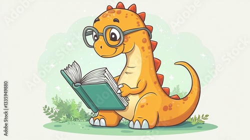 Fototapeta Naklejka Na Ścianę i Meble -  Cartoon dinosaur wearing glasses and reading a book cute illustration style