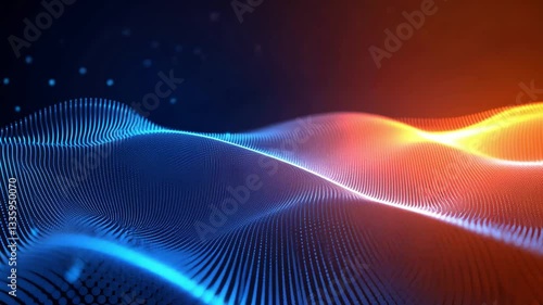 Dynamic digital waves in blue and orange create abstract background that evokes movement and energy, showcasing beauty of technology and innovative design.