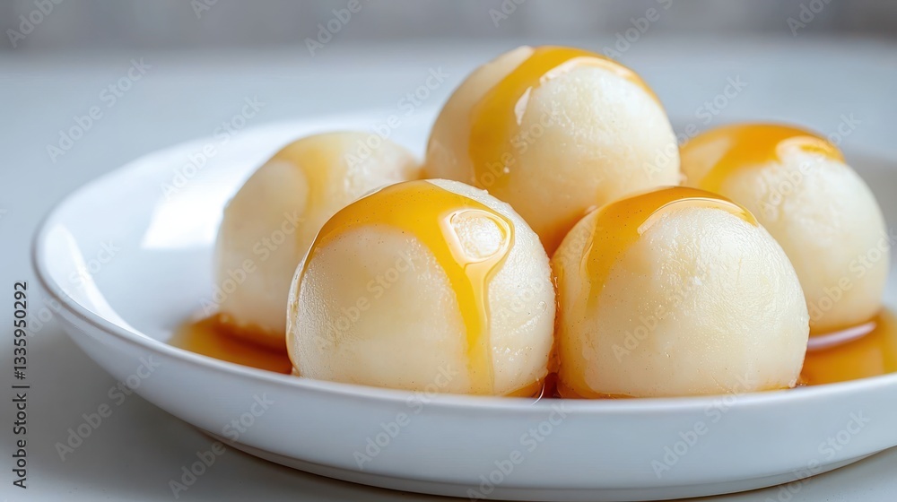 Appetizing dessert featuring luscious dumpling drizzled with golden honey offering a sweet and delightful treat on white plate Appetizing dessert featuring luscious dumpling drizzled with golden honey offering a sweet and delightful treat on white plate