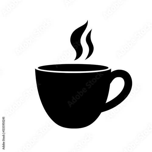 Simple black and white vector illustration of a coffee cup with steam, representing warmth, relaxation, and coffee culture.