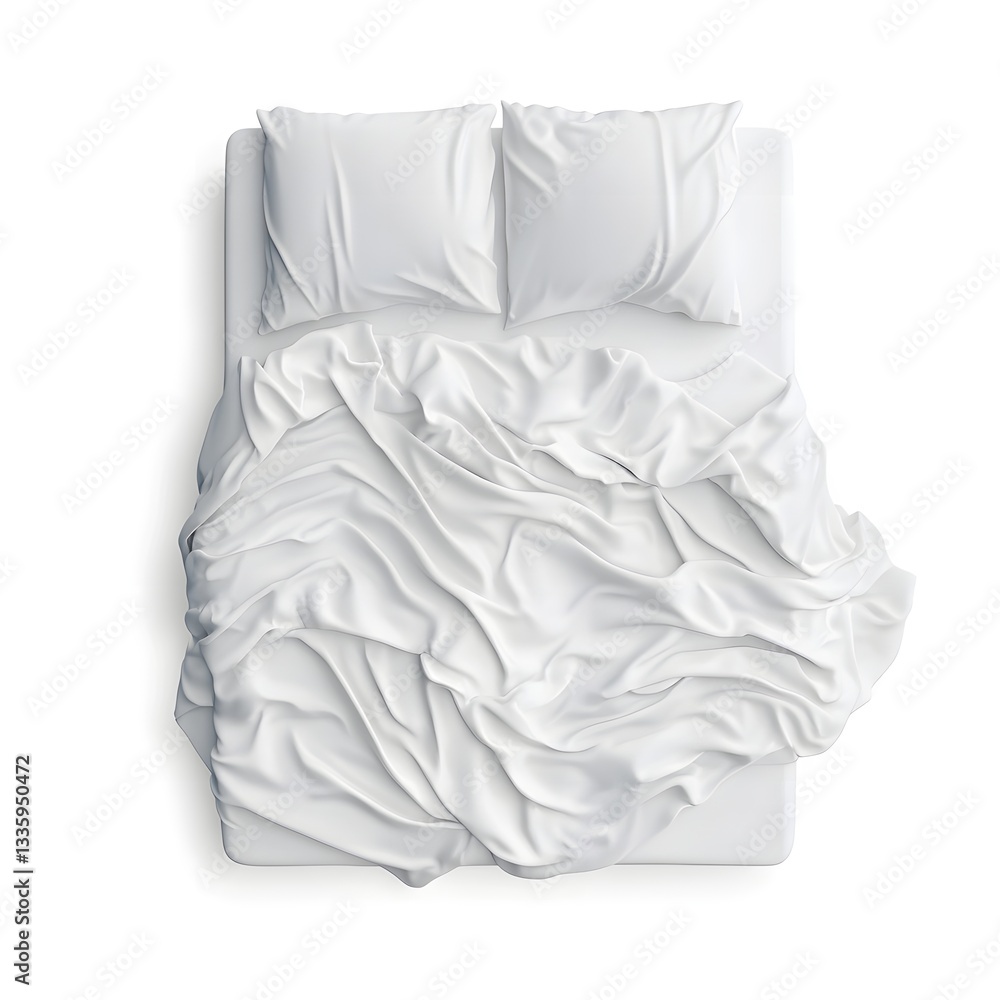Obraz premium Top view of an unmade bed with white sheets and pillows Clean bedding design