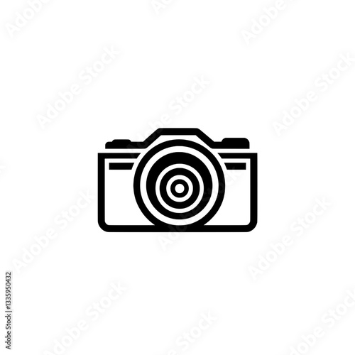 Stylish black and white vector illustration of a compact camera with a circular lens, symbolizing photography, media, and digital imaging.