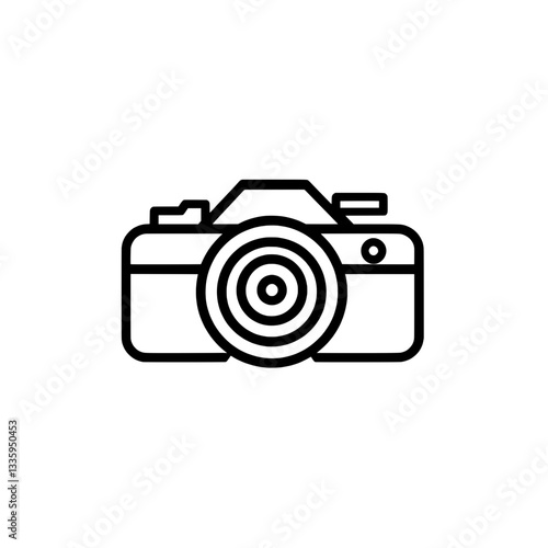 Modern black and white vector illustration of a compact camera with a detailed lens, representing photography, creativity, and digital imaging.