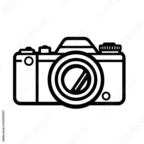 High-quality black and white vector illustration of a DSLR camera with a large lens, representing photography, creativity, and digital imaging.