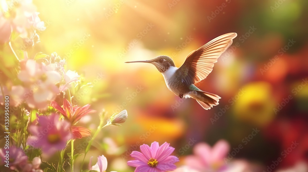 Naklejka premium Hummingbird in Flight Among Blossoming Flowers