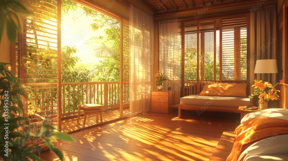 Fototapeta premium Cozy Bedroom Bathed in Golden Sunlight