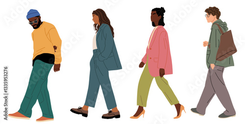 Set of diverse business people walking side view. Modern men, women different ethnicities, ages in smart casual office outfits with bags. Vector flat illustration isolated on transparent background