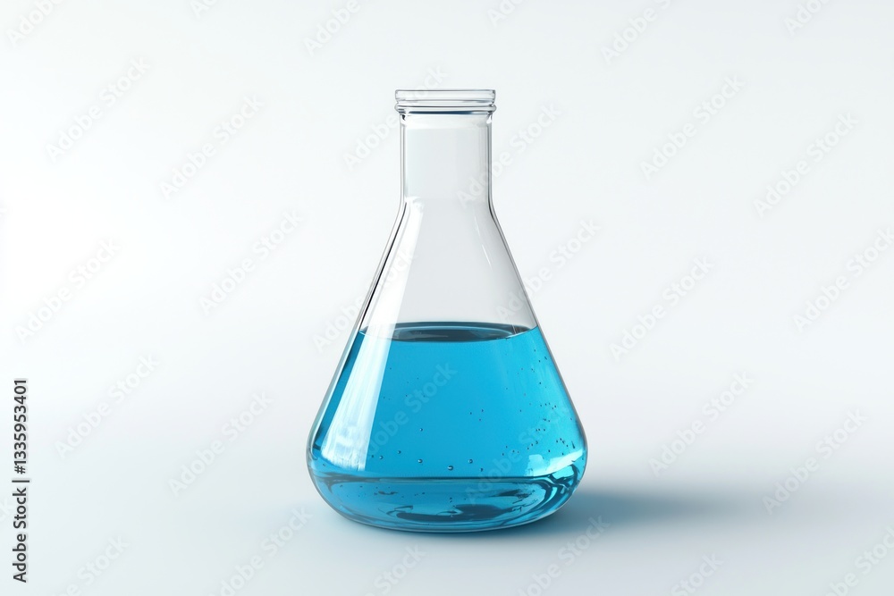 Conical flask filled with light blue liquid laboratory equipment with clear glass against clean white background Conical flask filled with light blue liquid laboratory equipment with clear glass against clean white background