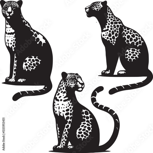 set of Spotted Jaguar running poses,aguar motion study vector, jaguar tattoo outline black and white, sitting jaguar digital line drawing, 