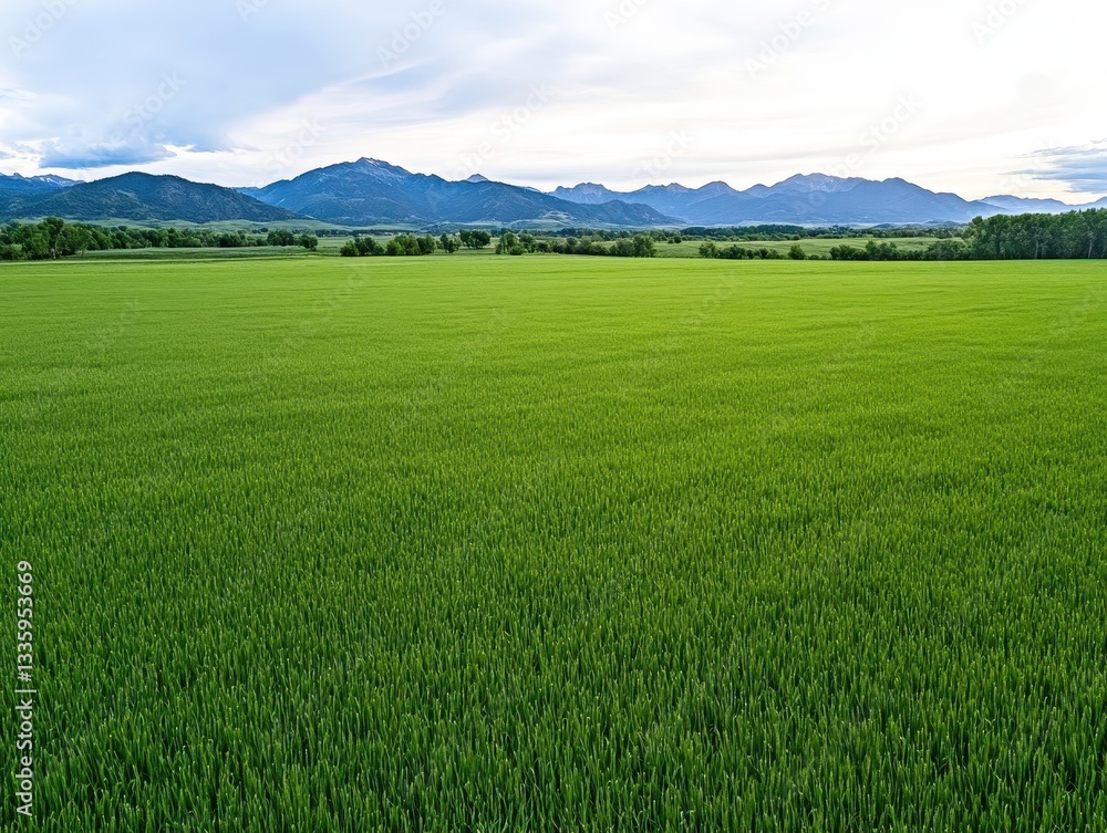 Naklejka premium Lush Green Rice Field Under Cloudy Sky with Mountains in Background